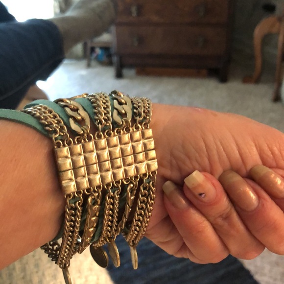 Belly dancer magnetic bracelet.  Gold coins blue jingle sound suede leather - Picture 2 of 3